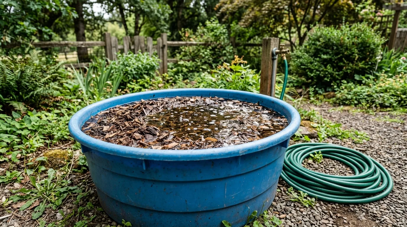 Large outdoor tub soaking wood chips with garden hose nearby for moisture preparation.