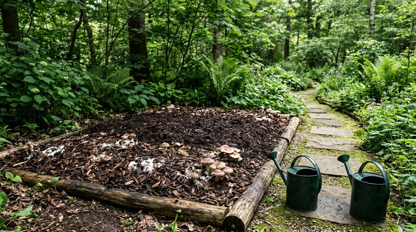 Prepared outdoor mushroom bed with fresh mulch, tools, and watering cans in a shaded garden.