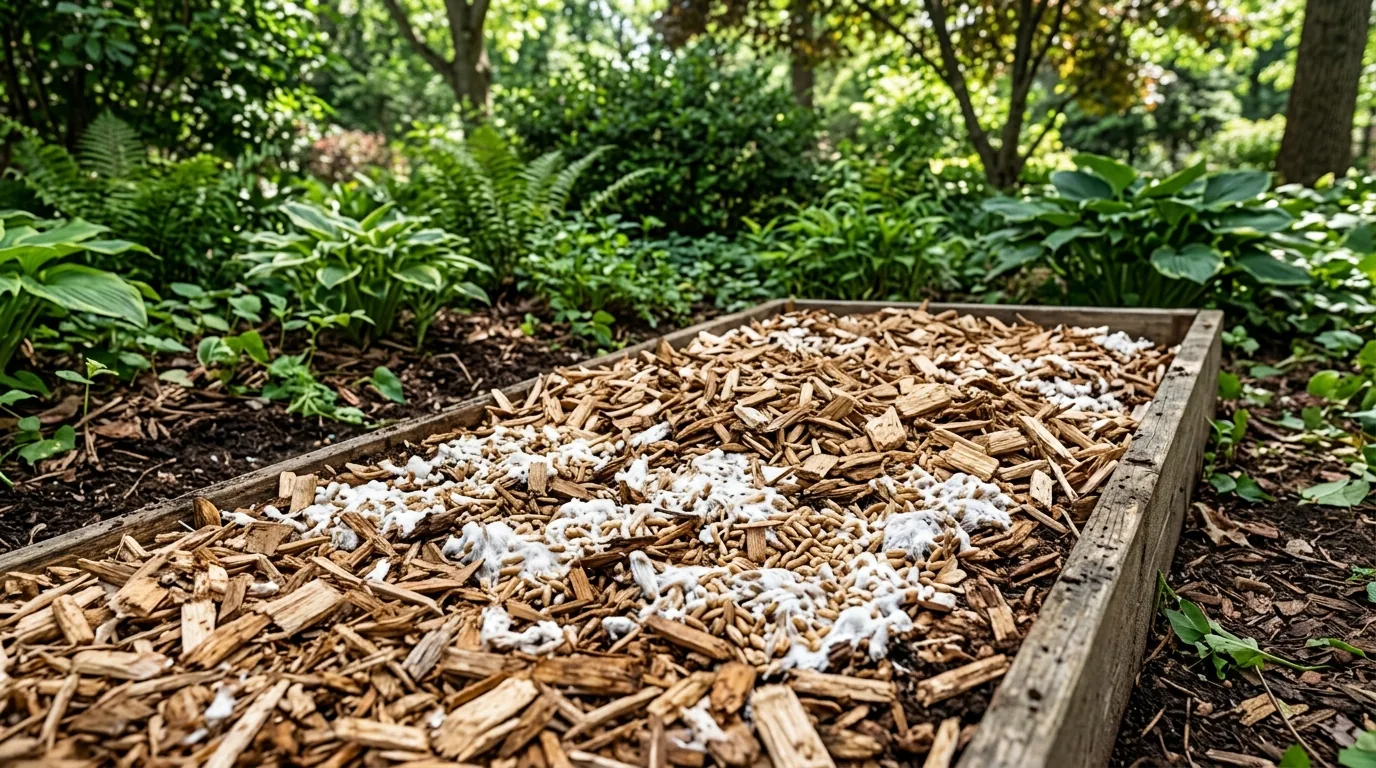 Wood-chip garden bed with pale colonized spawn layered through the substrate.