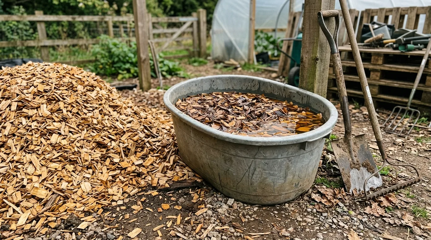 Outdoor preparation area with logs, wood chips, and containers of plug-style spawn material.