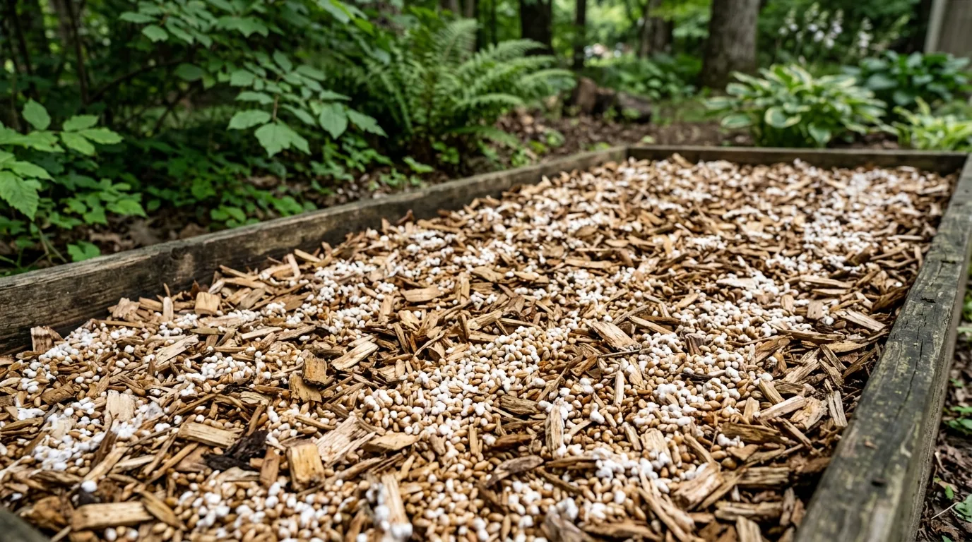 Outdoor bed with wood chips and white colonized material mixed throughout the surface.