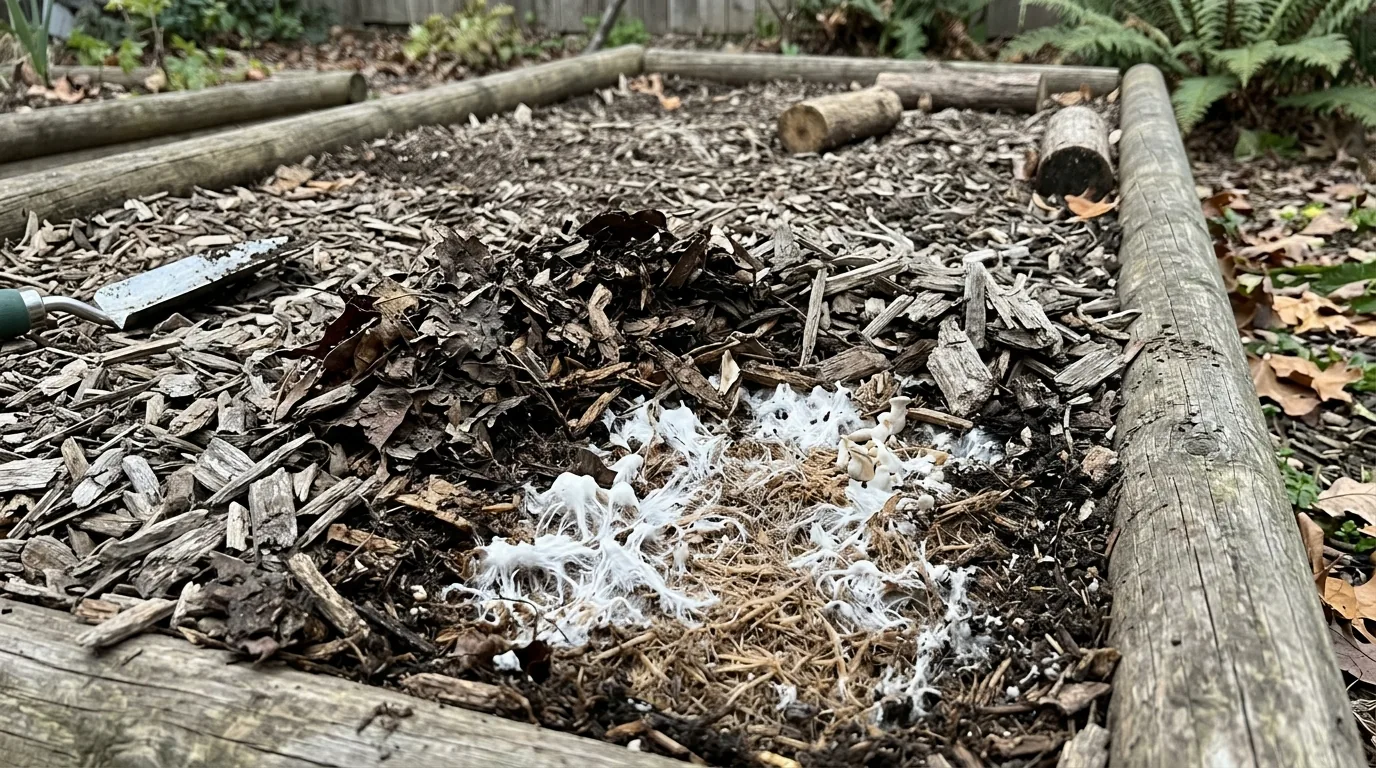 Raised outdoor wood-chip bed showing white mycelium spreading through the substrate.