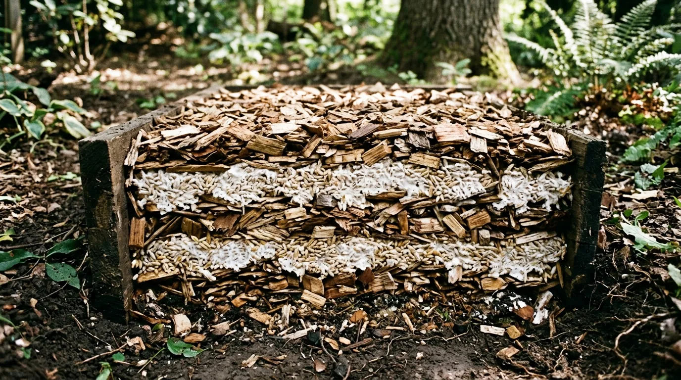 Layered outdoor mushroom bed with visible colonized patches and decomposing wood chips.