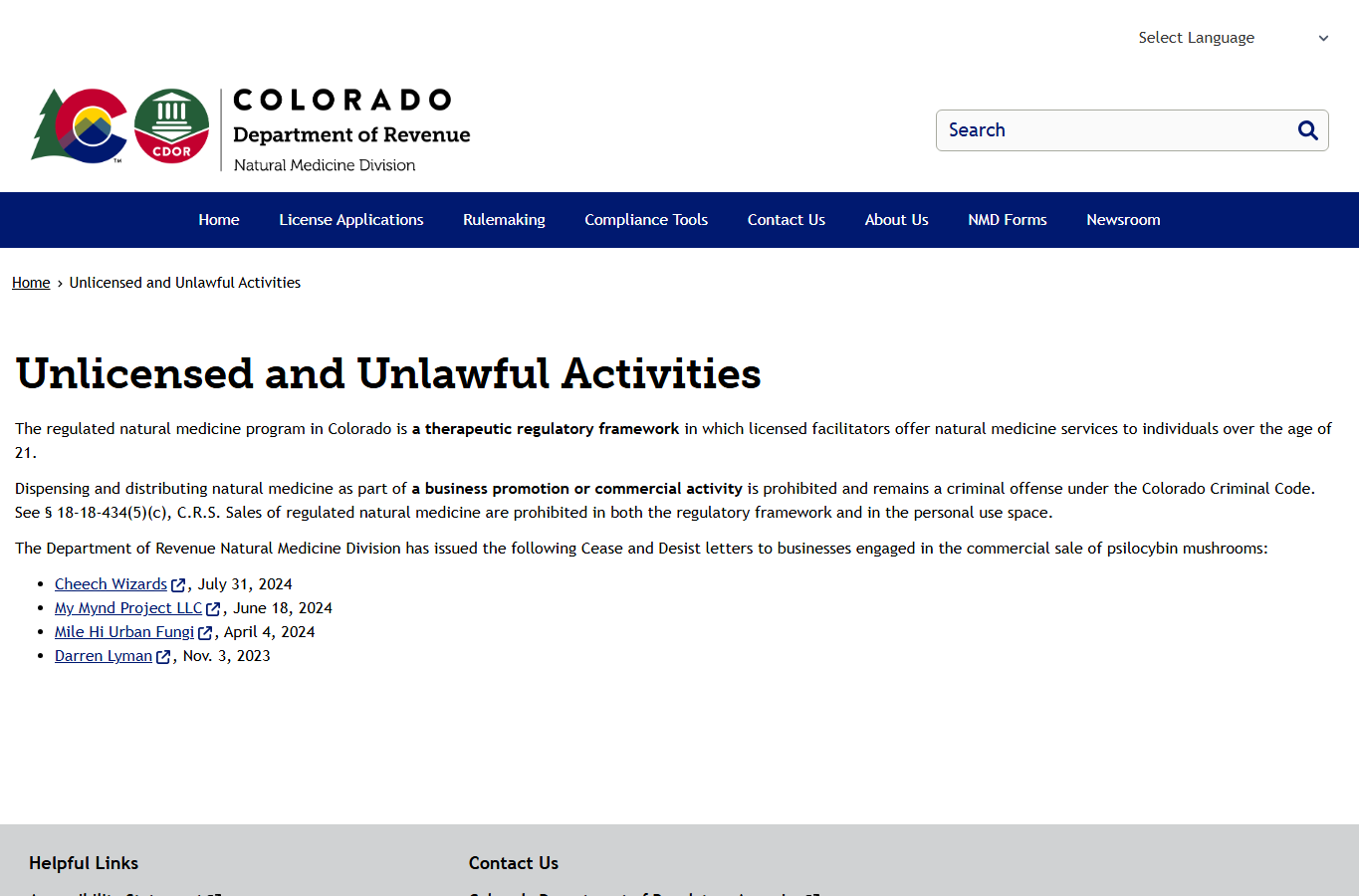 Colorado Department of Revenue Natural Medicine Division unlicensed and unlawful activities page