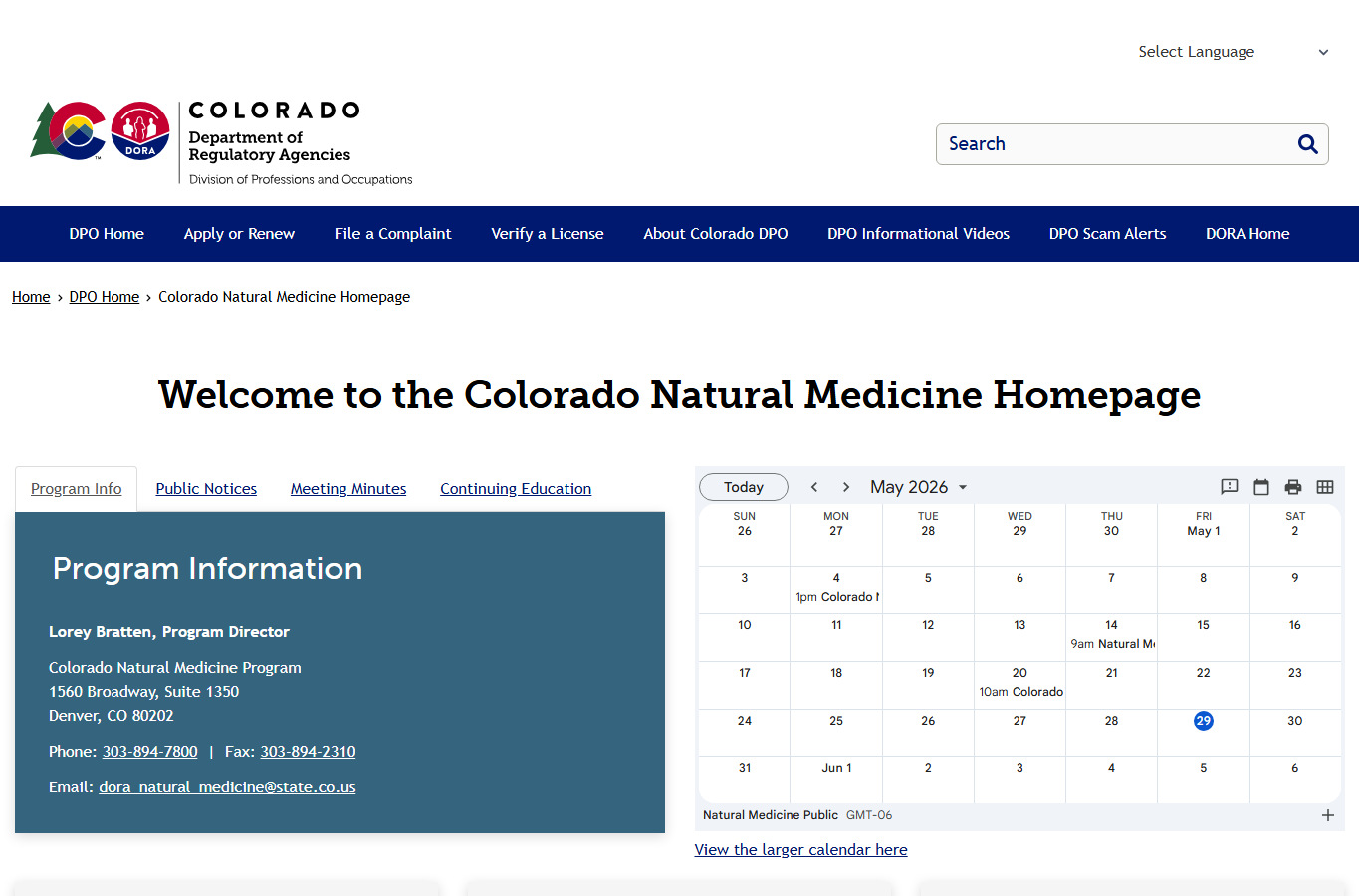 Colorado DORA Natural Medicine Program page