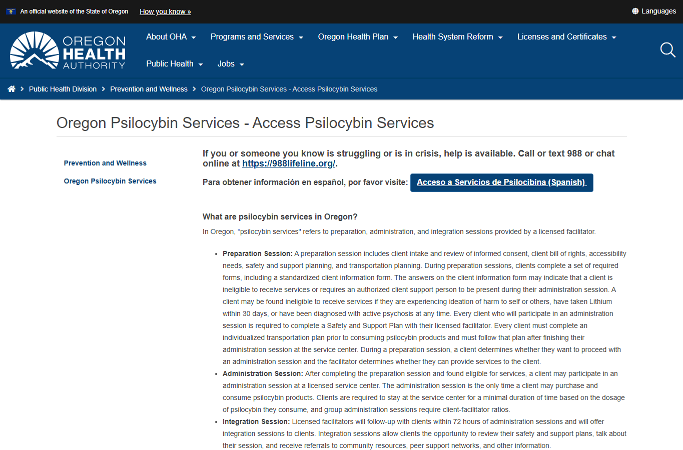 Oregon Health Authority access psilocybin services page
