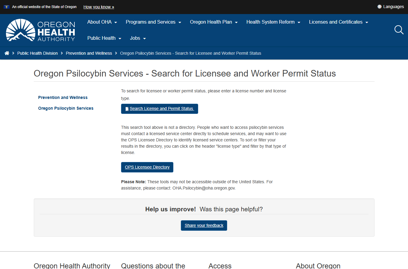 Oregon Psilocybin Services licensee and worker permit status page