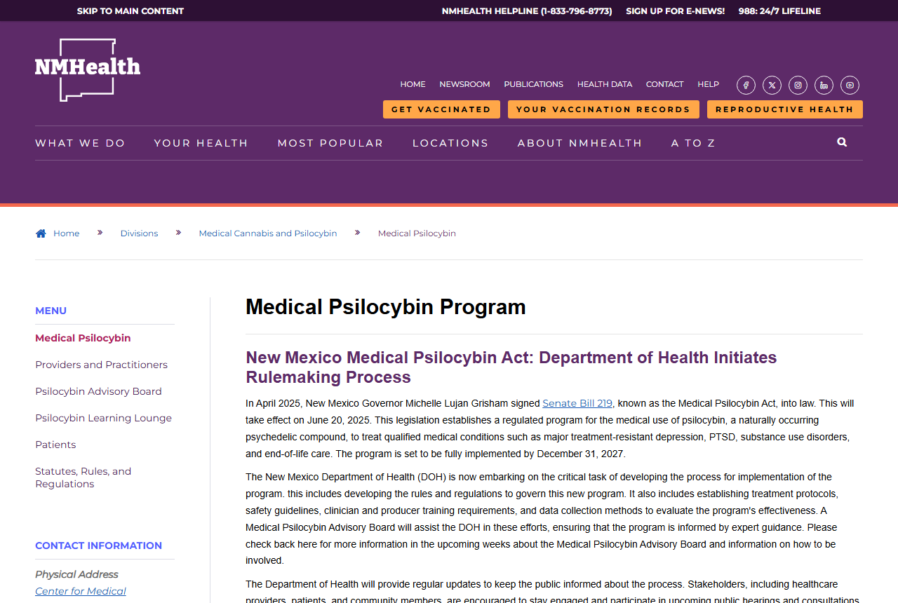 New Mexico Department of Health Medical Psilocybin Program page