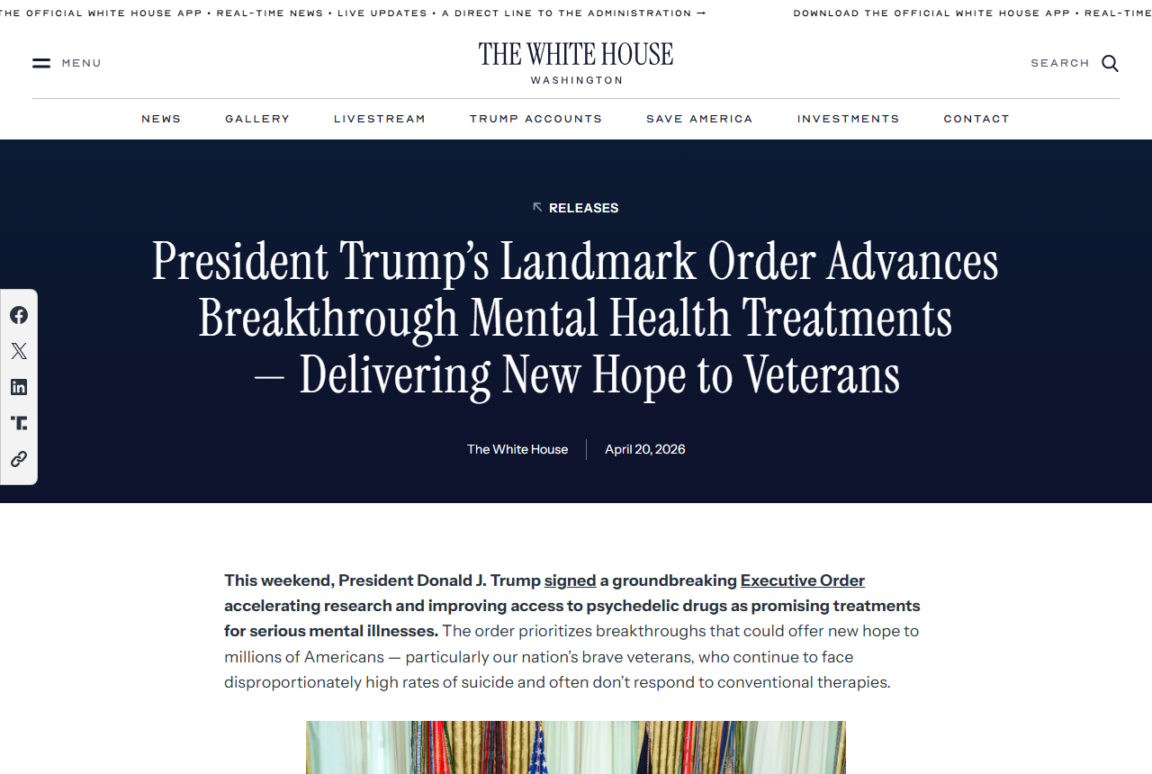 White House April 2026 executive order page about psychedelic research and veterans