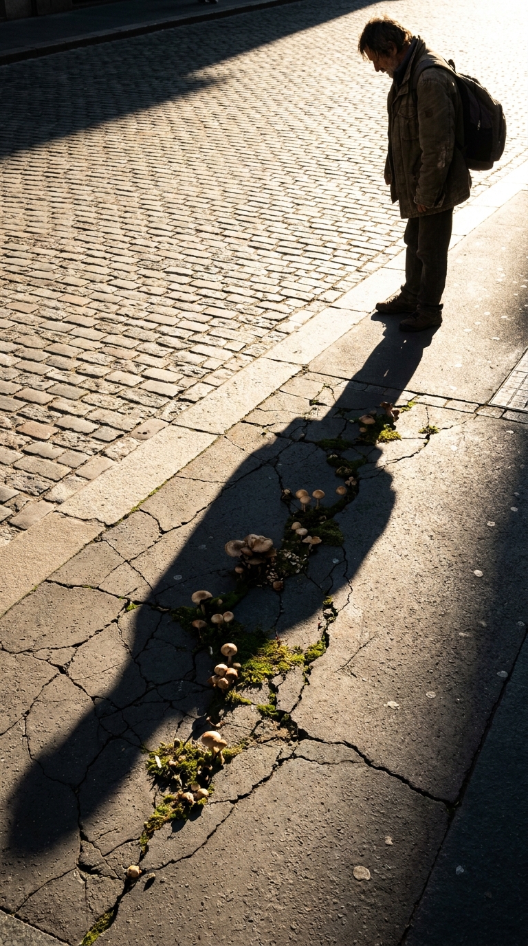Figure encountering mushrooms on New York city streets
