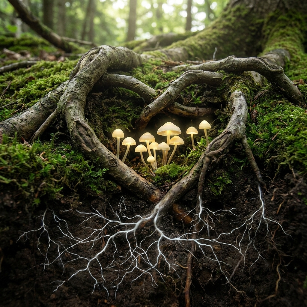 Mycelium network through forest roots, representing interconnected psychedelic societies and organizations