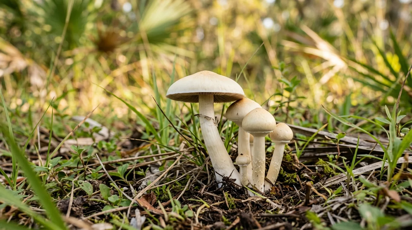Fresh Florida White (F+) mushrooms photographed for the LearnShrooms strain library