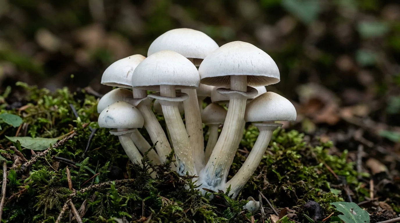 Fresh Albino A+ mushrooms photographed for the LearnShrooms strain library