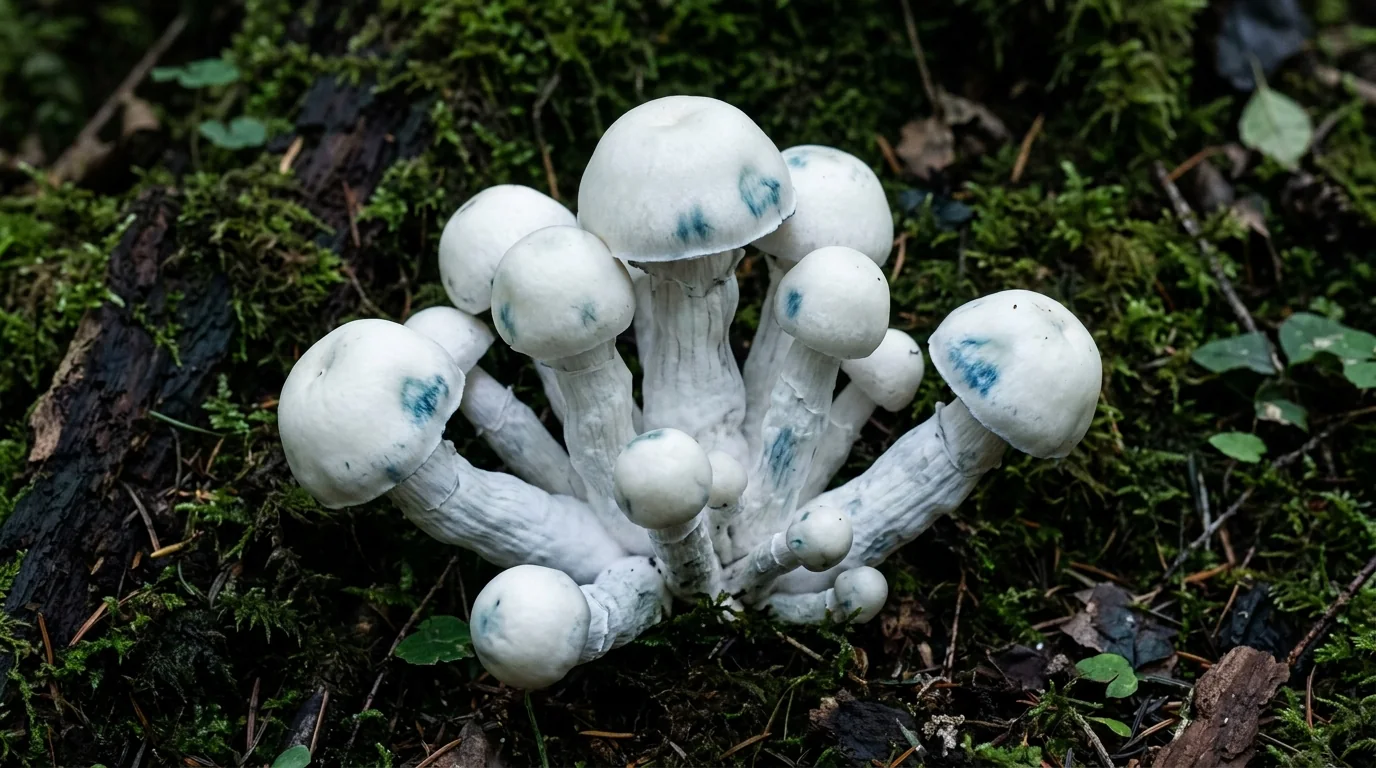 Fresh Yeti mushrooms photographed for the LearnShrooms strain library