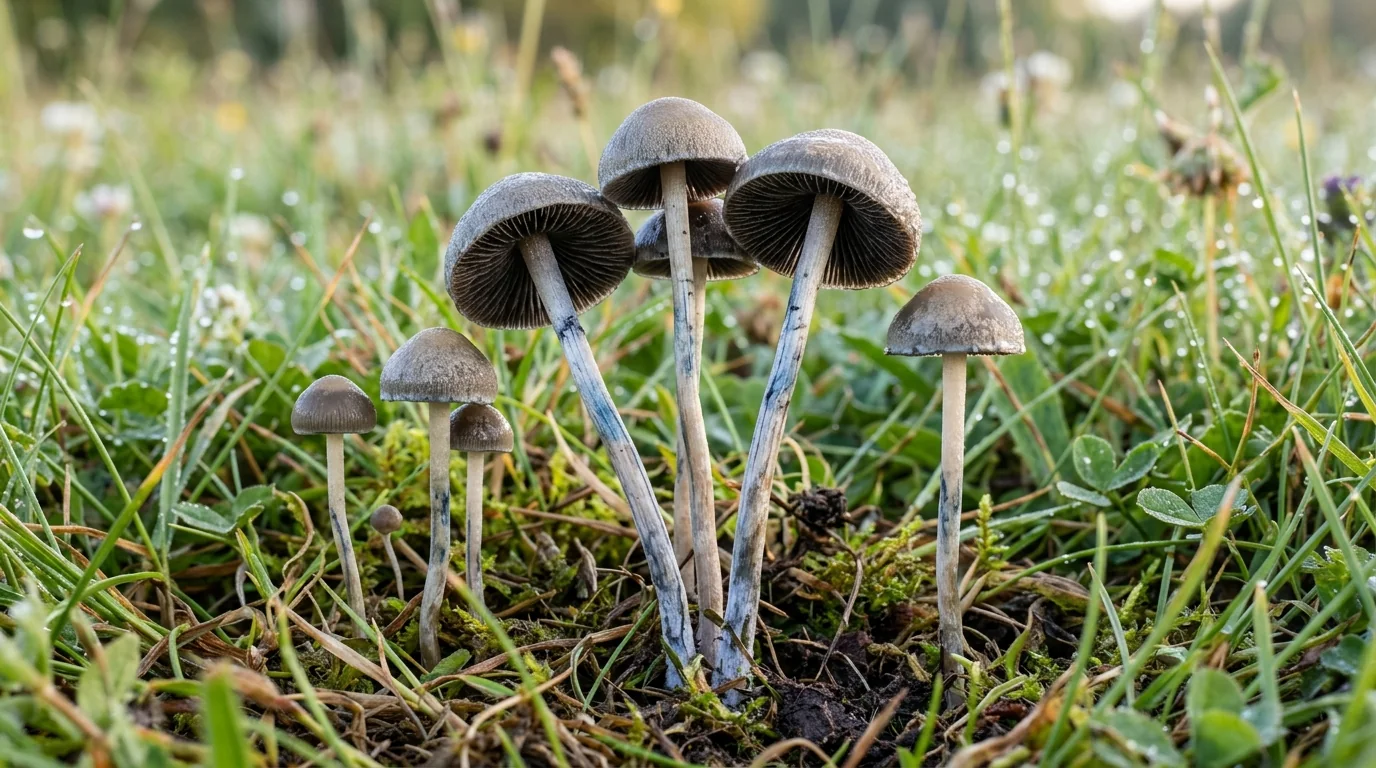 Fresh Blue Meanie (Panaeolus cyanescens) mushrooms photographed for the LearnShrooms strain library