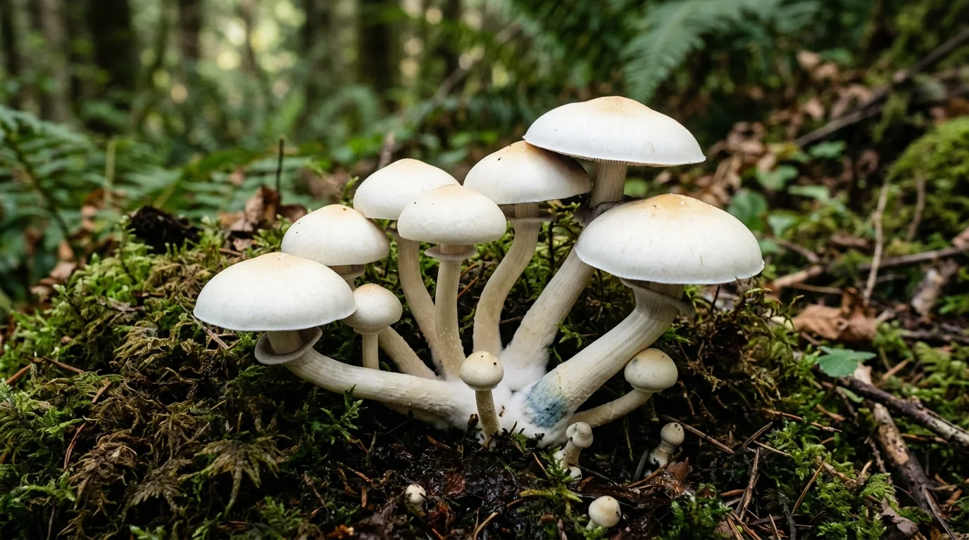 Fresh Leucistic Golden Teacher mushrooms photographed for the LearnShrooms strain library