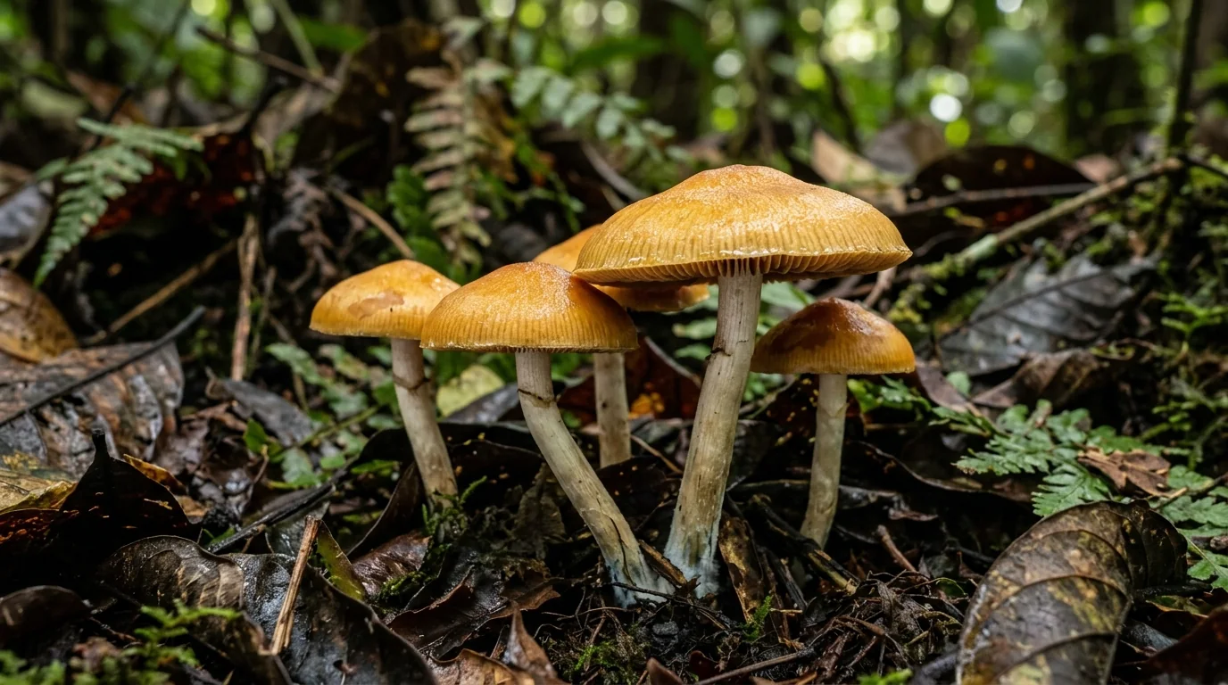 Fresh Cambodian Gold mushrooms photographed for the LearnShrooms strain library