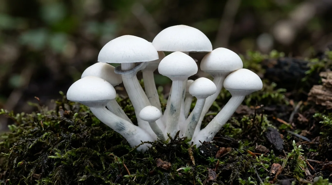 Fresh True Albino Teacher (TAT) mushrooms photographed for the LearnShrooms strain library