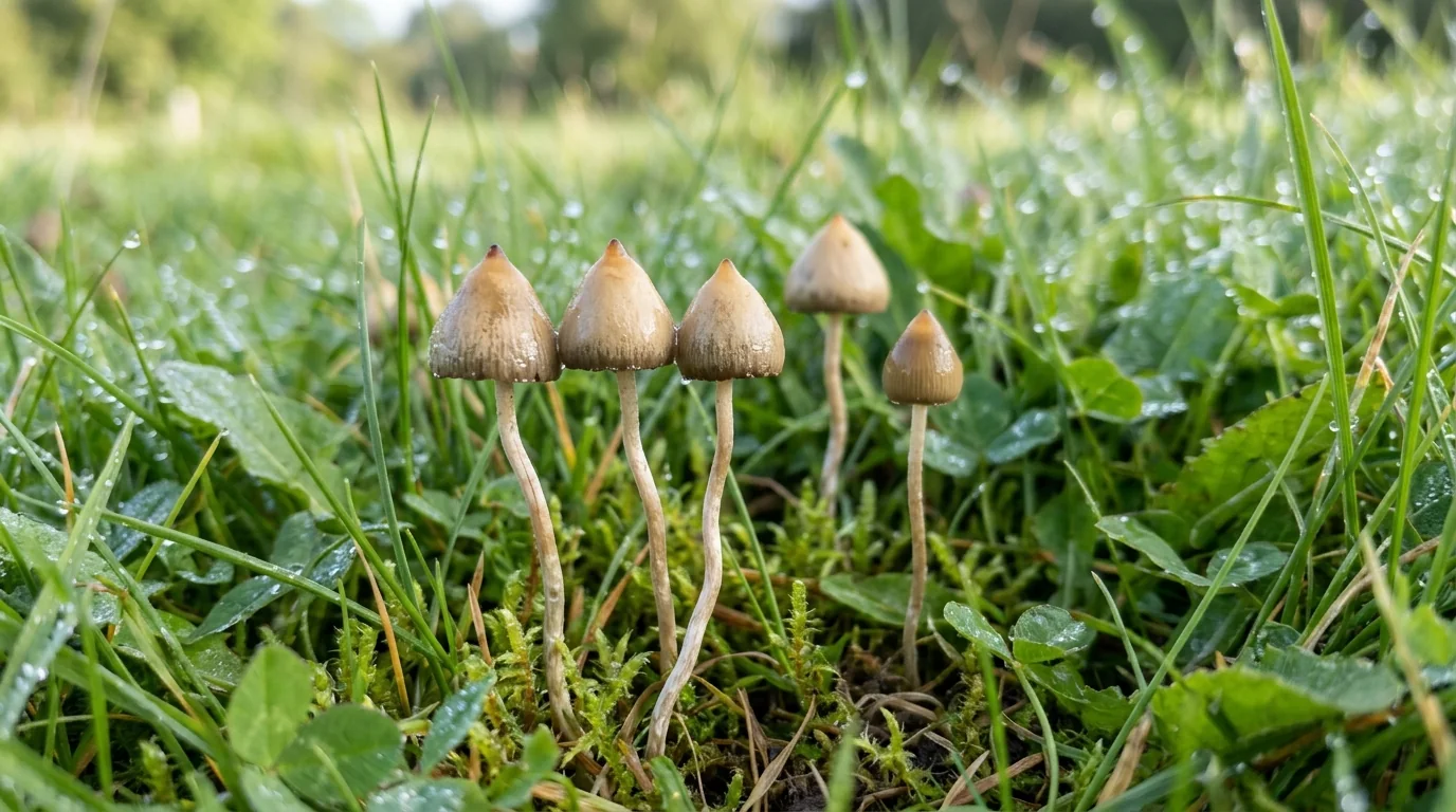 Fresh Psilocybe semilanceata (Liberty Cap) mushrooms photographed for the LearnShrooms strain library
