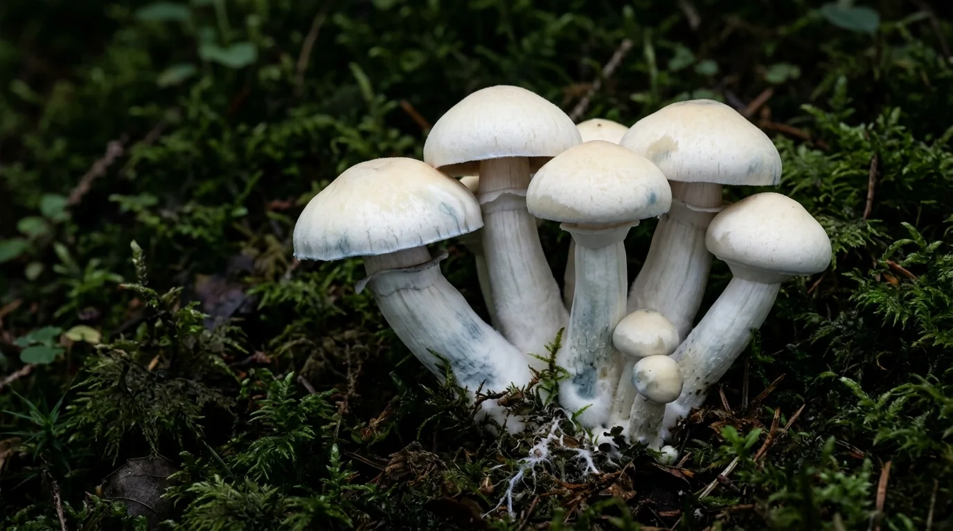 Fresh White Rabbit mushrooms photographed for the LearnShrooms strain library