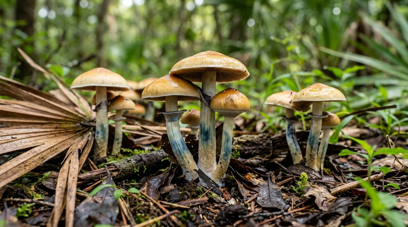 Fresh Florida Blue mushrooms photographed for the LearnShrooms strain library